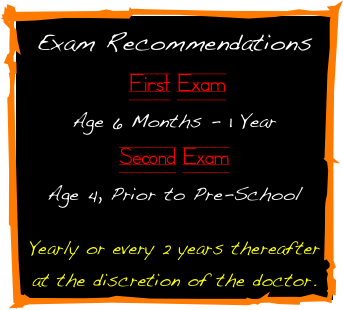 Exam Recommendations
 First Exam
Age 6 Months - 1 Year          
Second Exam
Age 4, Prior to Pre-School

Yearly or every 2 years thereafter at the discretion of the doctor.